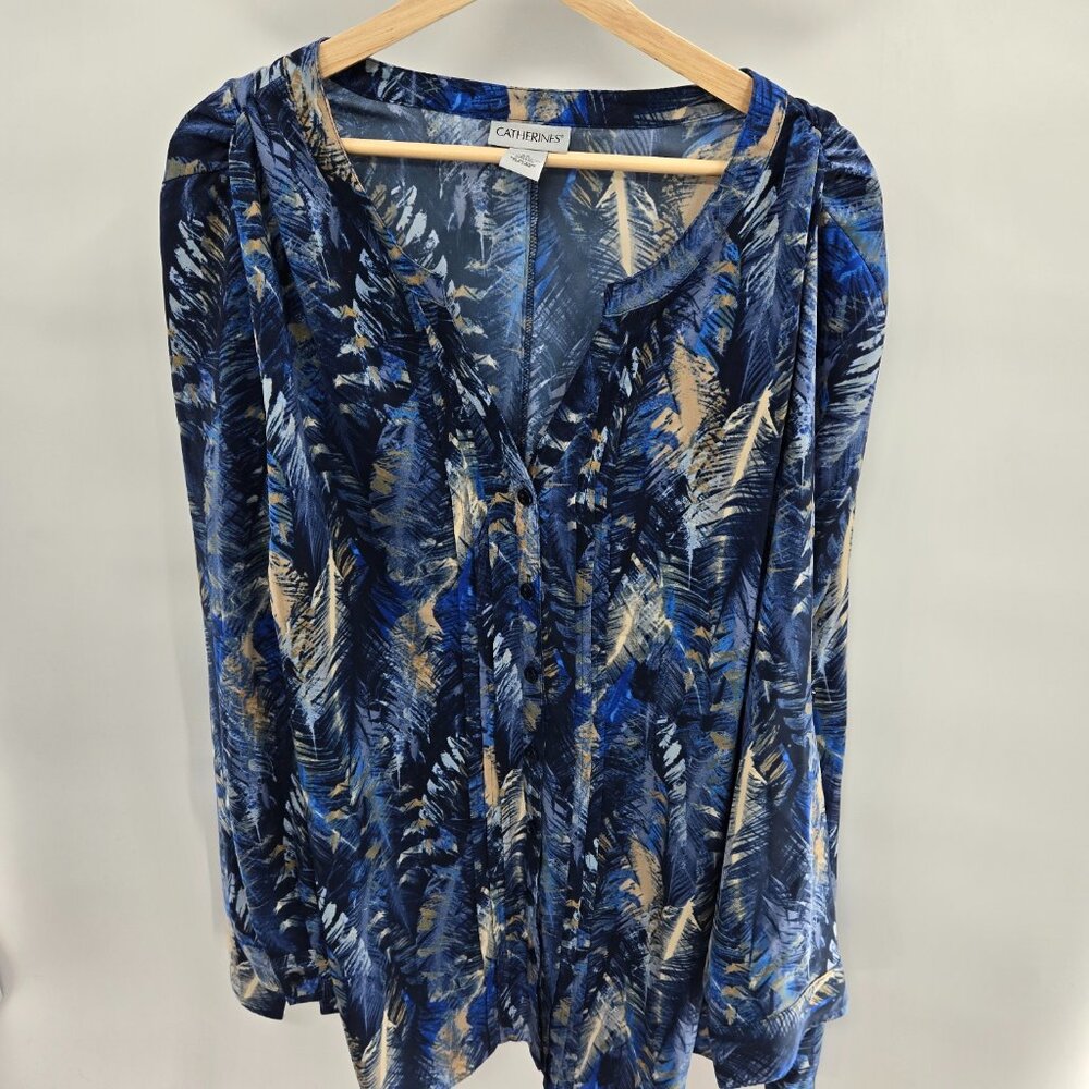 Catherines Blue Fern Leaf Pullover Long Sleeved Tunic Top 3x 26/28W